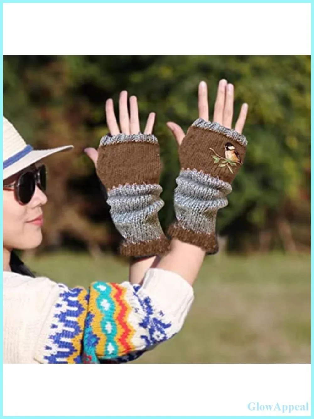 Vintage Knitted Fingerless Gloves with Bird Embroidery, Acrylic Warm Winter